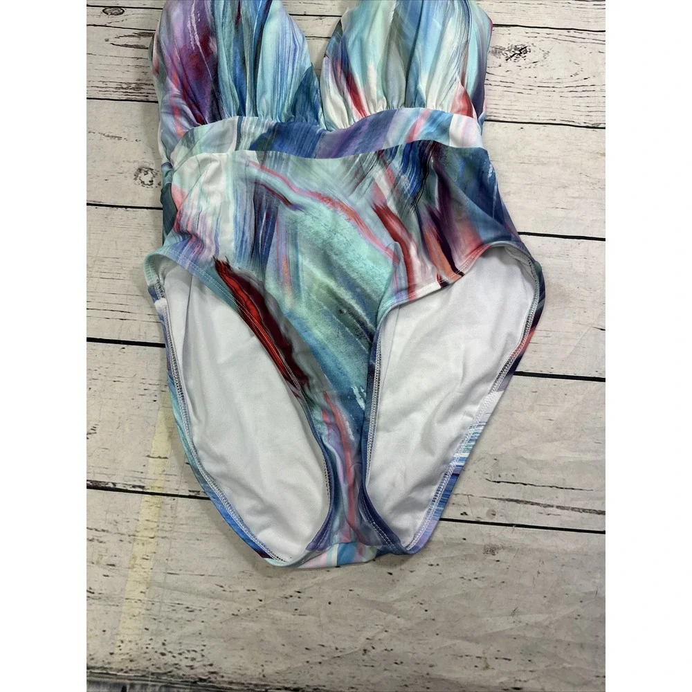Mynah Womens One Piece Swimsuit Multicolor Abstract Plunge Halter Medium 5351